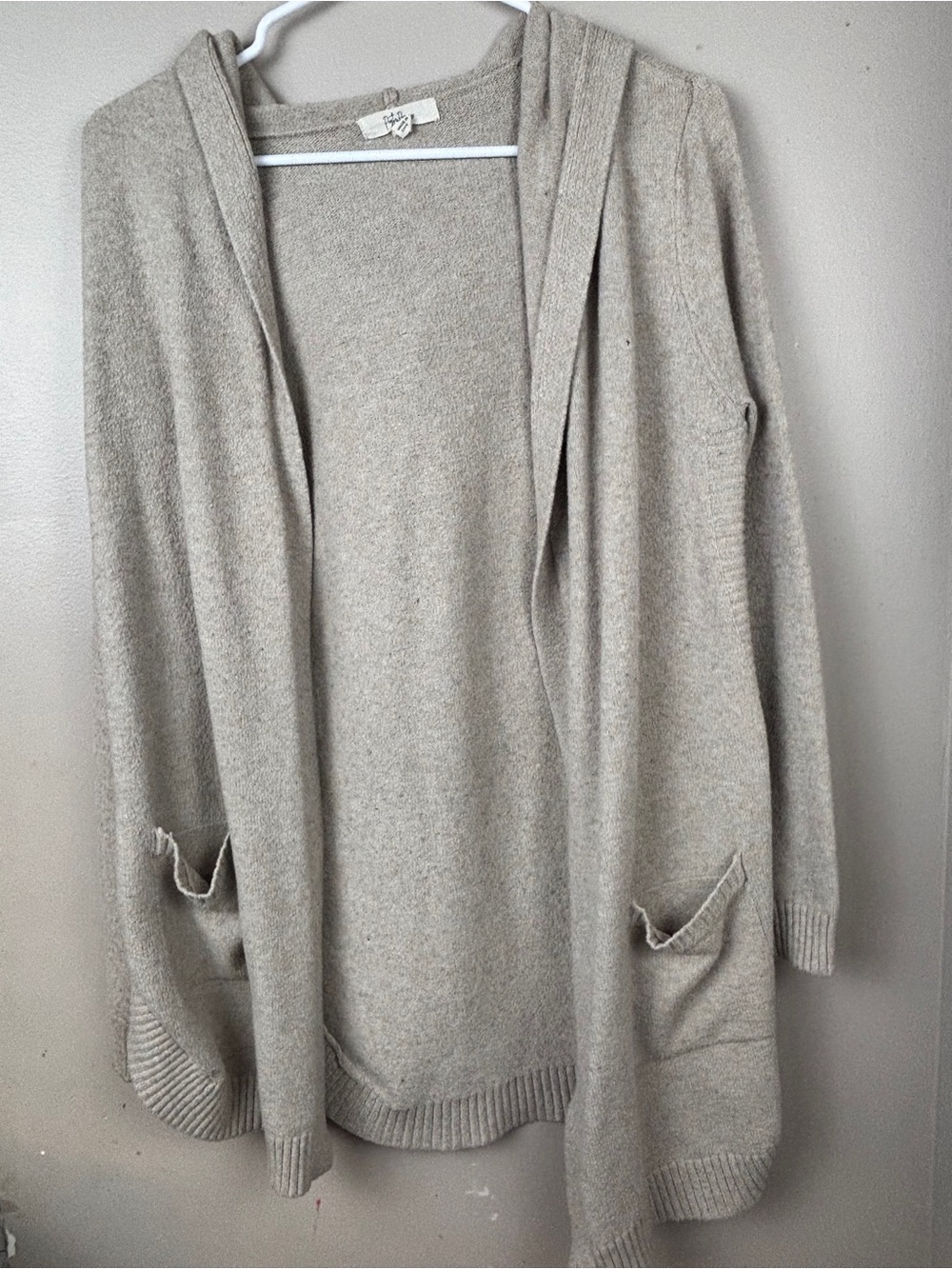 Open-Front Hooded Cardigan Sweater in Light Taupe